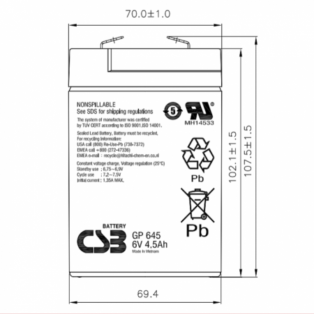 Аккумулятор CSB GP 645 (6В 4.5Ач)